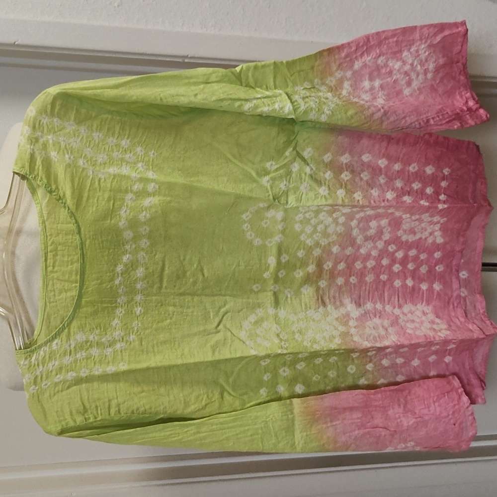 Lime Pink White Cotton Crinkle Tunic Top M